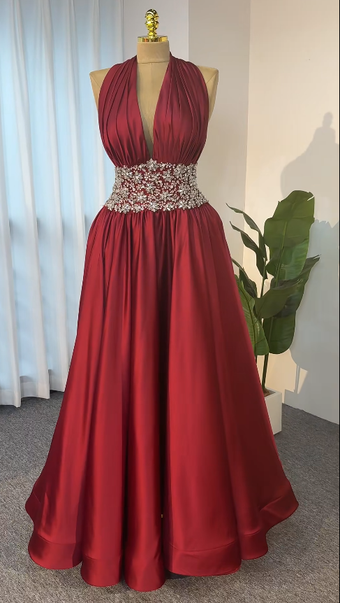 Chic Burgundy Prom Dress A-Line Satin Long Evening Dress DP07694
