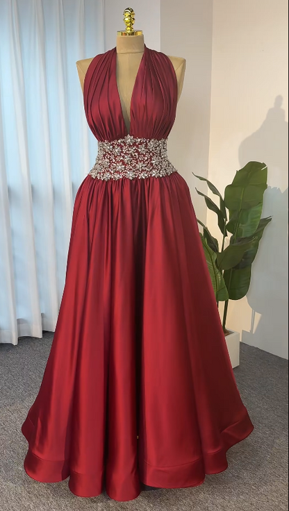 Chic Burgundy Prom Dress A-Line Satin Long Evening Dress DP07694