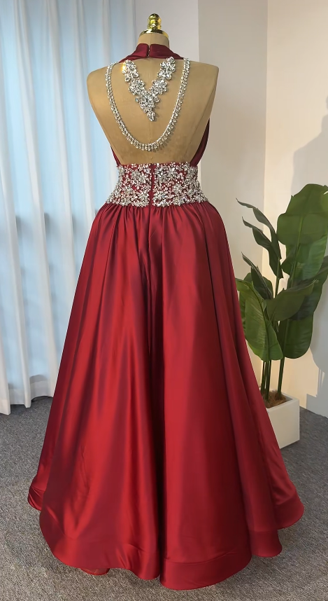 Chic Burgundy Prom Dress A-Line Satin Long Evening Dress DP07694