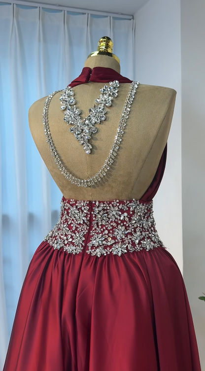 Chic Burgundy Prom Dress A-Line Satin Long Evening Dress DP07694