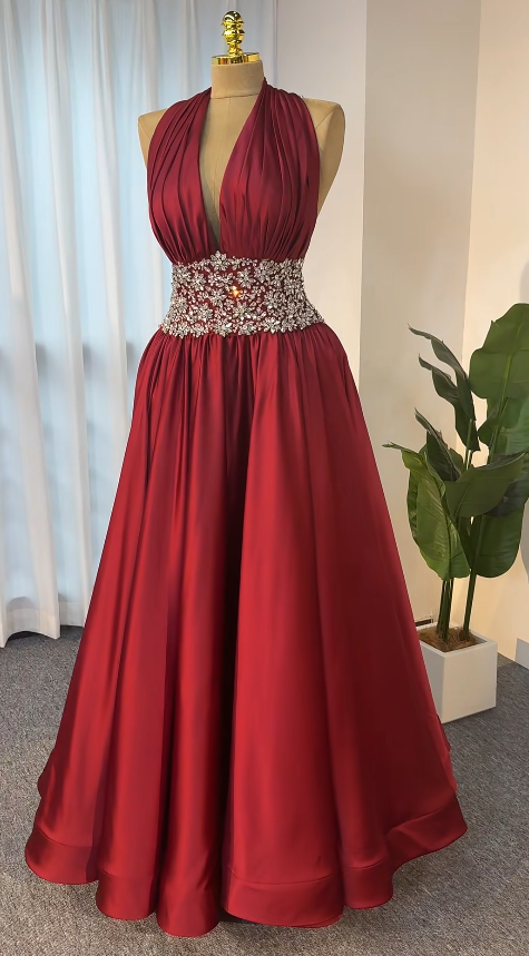 Chic Burgundy Prom Dress A-Line Satin Long Evening Dress DP07694