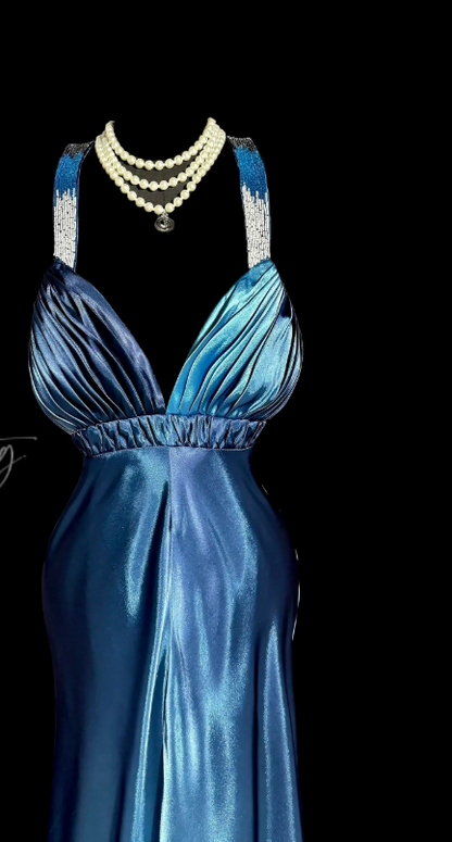 Chic Blue Prom Dress Sheath Satin Long Evening Dress DP07699