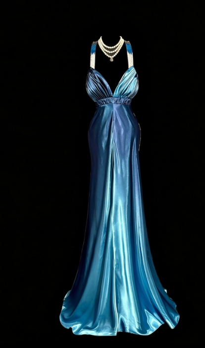 Chic Blue Prom Dress Sheath Satin Long Evening Dress DP07699