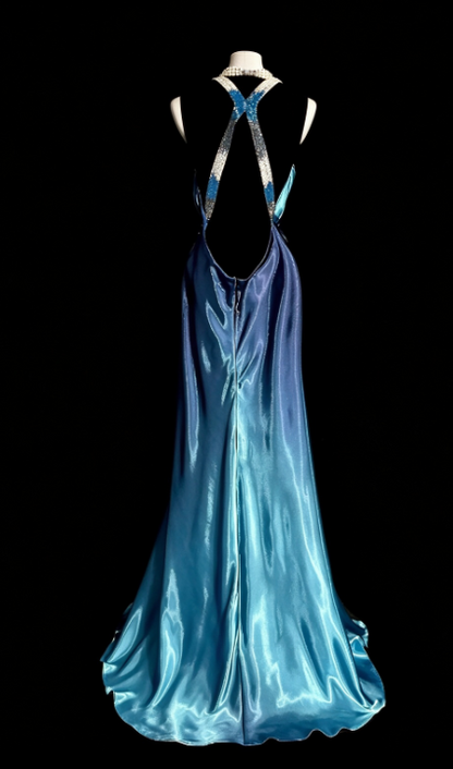 Chic Blue Prom Dress Sheath Satin Long Evening Dress DP07699