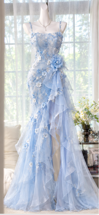 Chic Blue Prom Dress Sheath Chiffon Long Evening Dress DP07705