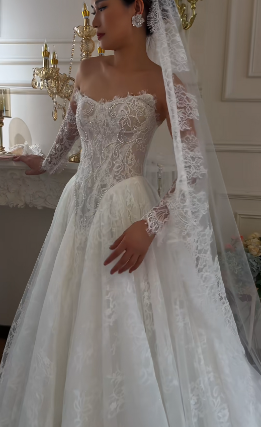 Classy White Bridal Dress A-Line Wedding Dress Lace Bridal Gown DP07716