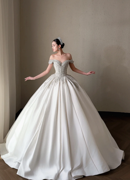 Classy White Bridal Dress A-Line Wedding Dress Satin Bridal Gown DP07718