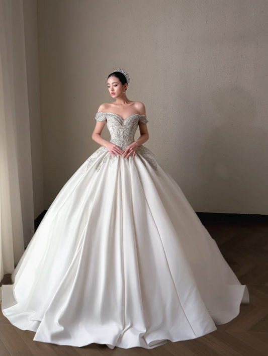 Classy White Bridal Dress A-Line Wedding Dress Satin Bridal Gown DP07718