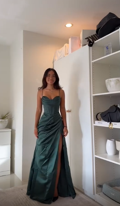 Chic Dark Green Prom Dress Sheath Satin Long Evening Dress DP07721