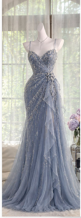 Chic Dusty Blue Prom Dress Sheath Chiffon Beaded Long Evening Dress DP07727