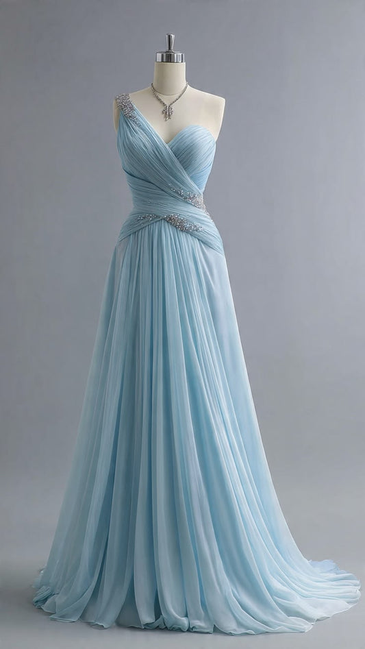 Chic Sky Blue Prom Dress Sheath Chiffon Long Evening Dress DP07728