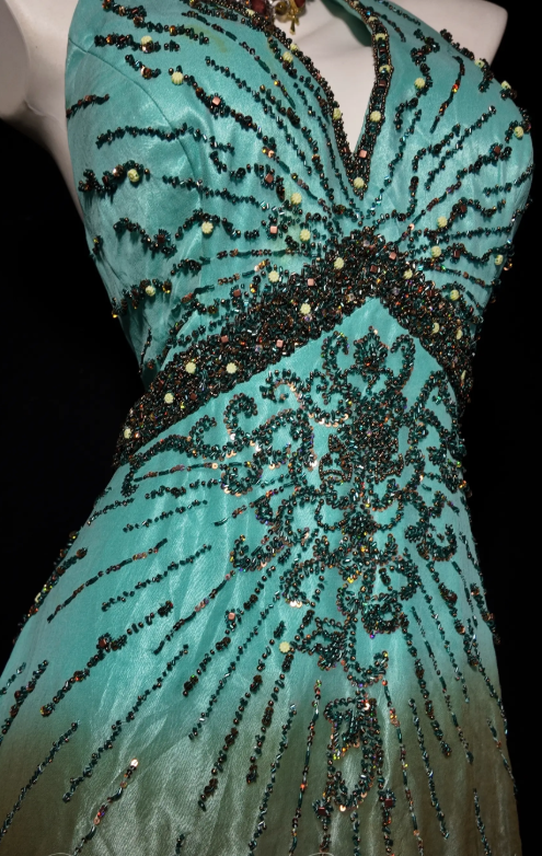 Chic Blue Prom Dress Sheath Satin Beaded Long Evening Dress DP07736