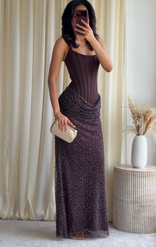 Chic Brown Prom Dress Sheath Satin Long Evening Dress DP07743
