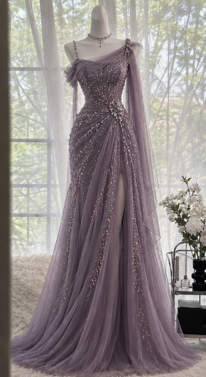 Chic Dusty Purple Prom Dress Sheath Tulle Long Evening Dress DP07744