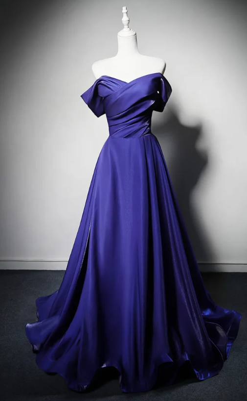 Chic Purple Off-shoulder Prom Dress A-Line Satin Long Evening Dress DP07747