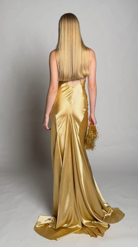 Gorgeous Gold Prom Dress Sheath Satin Long Evening Dress DP07761