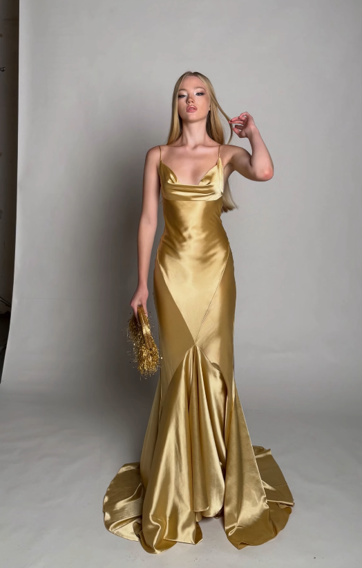 Gorgeous Gold Prom Dress Sheath Satin Long Evening Dress DP07761