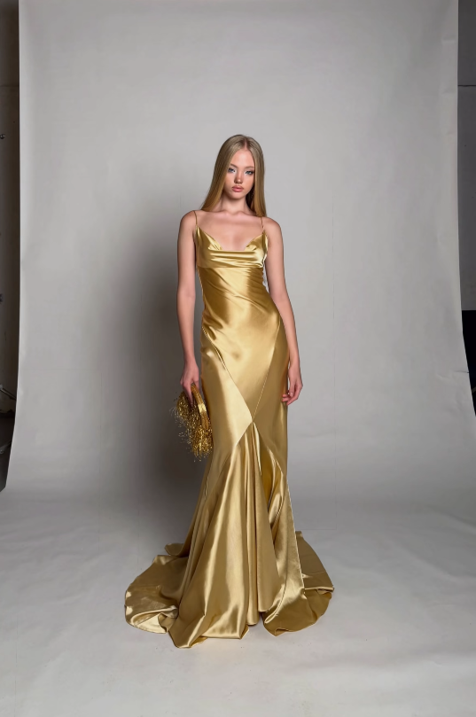 Gorgeous Gold Prom Dress Sheath Satin Long Evening Dress DP07761