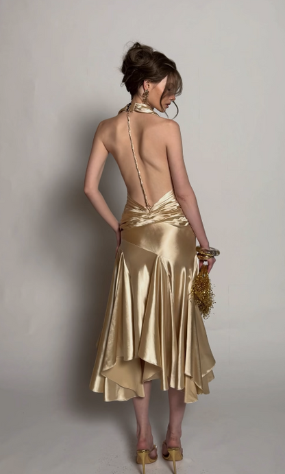 Gorgeous Gold Prom Dress Sheath Satin Long Evening Dress DP07762