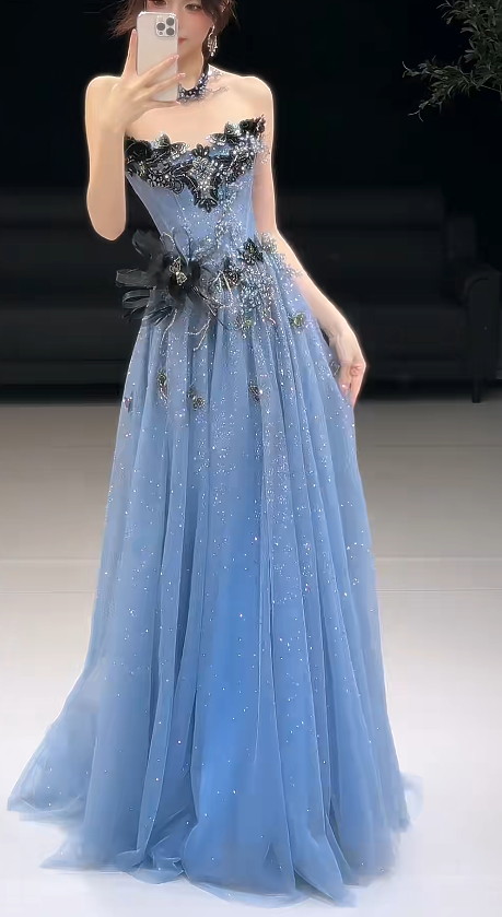 Gorgeous Navy Blue Prom Dress A-Line Tulle Long Evening Dress DP07765