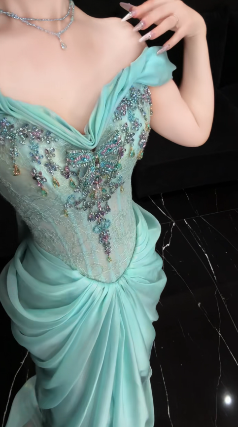 Gorgeous Tiffany Blue Prom Dress Sheath Chiffon Long Evening Dress DP07768
