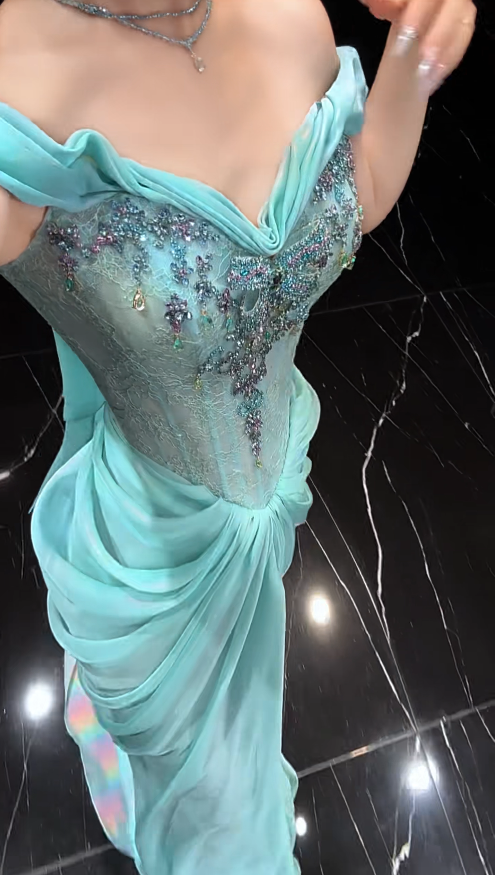 Gorgeous Tiffany Blue Prom Dress Sheath Chiffon Long Evening Dress DP07768