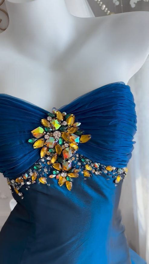 Glam Blue Prom Dress Sheath Satin Long Evening Dress DP07803