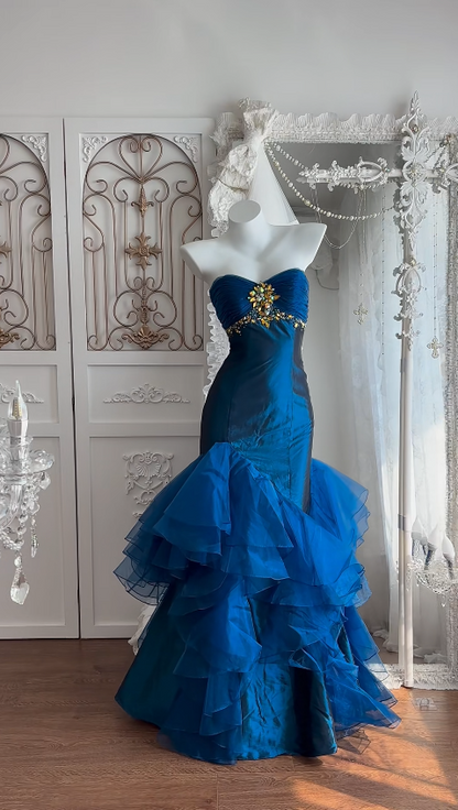 Glam Blue Prom Dress Sheath Satin Long Evening Dress DP07803