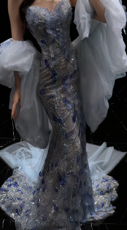 Glam Blue Prom Dress Sheath Tulle Beaded  Long Evening Dress DP07804