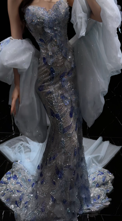 Glam Blue Prom Dress Sheath Tulle Beaded  Long Evening Dress DP07804