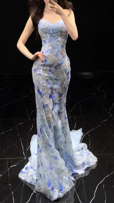 Glam Blue Prom Dress Sheath Tulle Beaded  Long Evening Dress DP07804