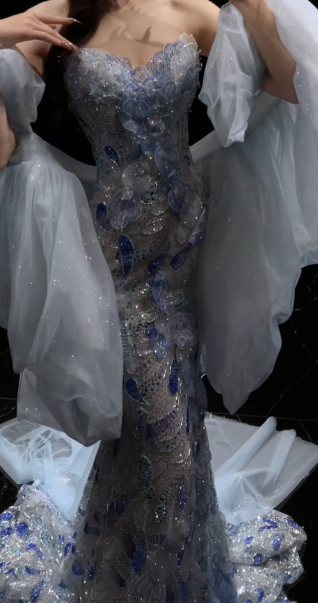 Glam Blue Prom Dress Sheath Tulle Beaded  Long Evening Dress DP07804