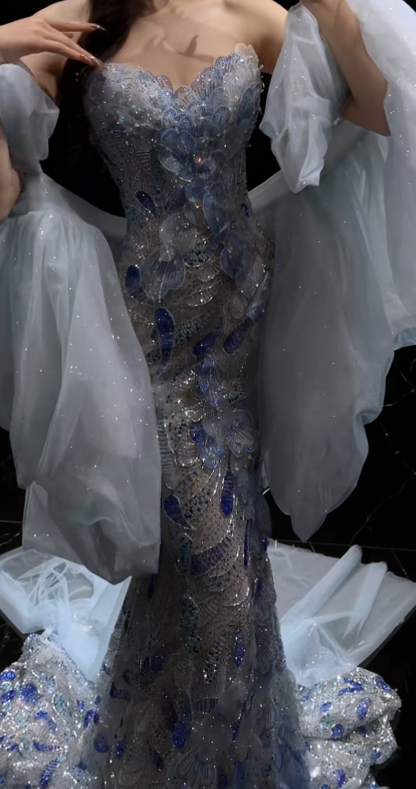 Glam Blue Prom Dress Sheath Tulle Beaded  Long Evening Dress DP07804