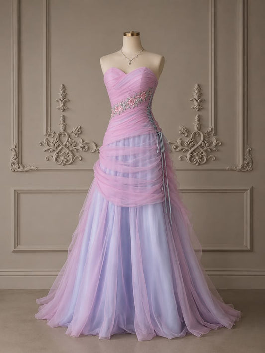 Chic Pink Long Prom Dress Sheath Tulle Evening Dress DP07810