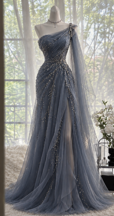 Chic Dusty Blue Long Prom Dress Sheath Chiffon Beaded Evening Dress DP07811