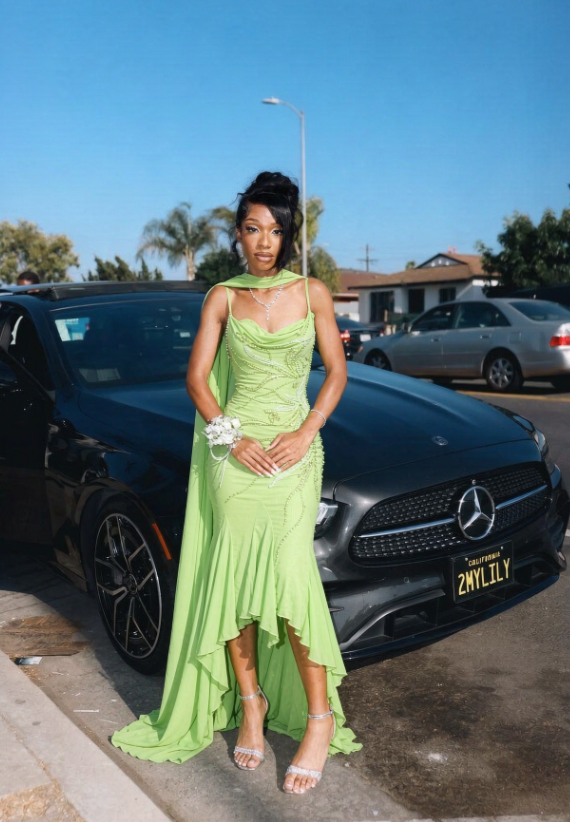 Chic Green Long Prom Dress Chiffon Beaded Sheath Evening Dress   DP07824