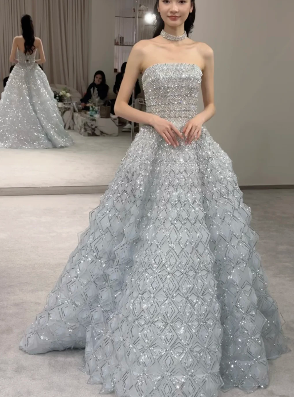 Chic Blue Long Prom Dress A-Line Tulle Beaded Evening Dress  DP07825