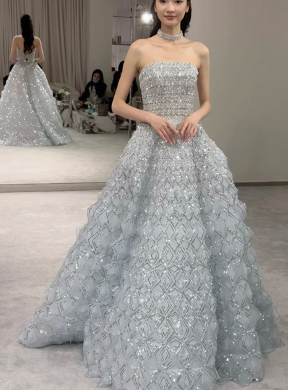Chic Blue Long Prom Dress A-Line Tulle Beaded Evening Dress  DP07825