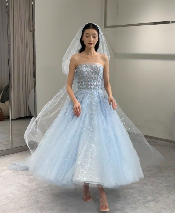 Gorgeous Blue Long Prom Dress A-Line Tulle Beaded Evening Dress DP07826