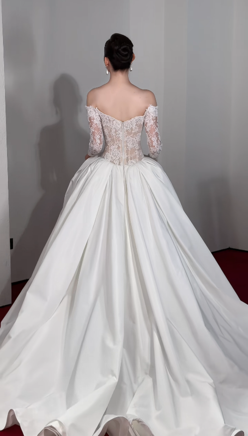 Eternal Off-shoulder A-Line Wedding Dress White Satin Bridal Dress ED07840