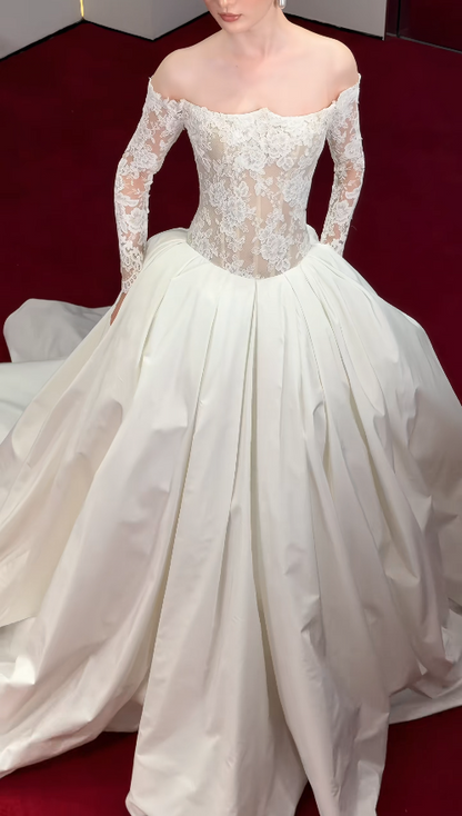 Eternal Off-shoulder A-Line Wedding Dress White Satin Bridal Dress ED07840