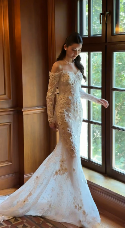 Eternal Off-shoulder Mermaid Wedding Dress White Lace Appliques Bridal Dress ED07842