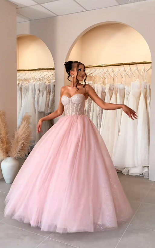Gorgeous Strapless A-Line Long Evening Dress Tulle Pink Prom Dress DP07848