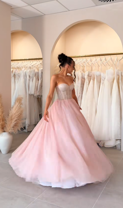 Gorgeous Strapless A-Line Long Evening Dress Tulle Pink Prom Dress DP07848