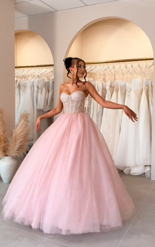 Gorgeous Strapless A-Line Long Evening Dress Tulle Pink Prom Dress DP07848