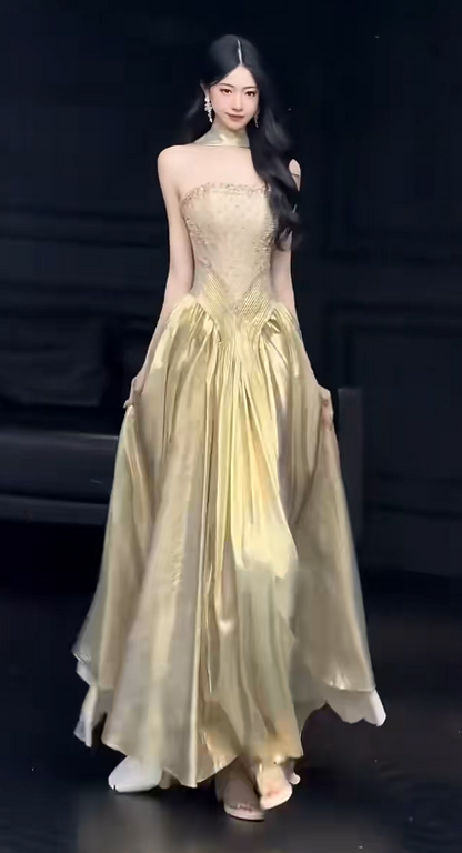 Chic Gold Prom Dress Sheath Satin Long Evening Dress DP07851