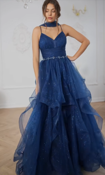 Chic Blue Prom Dress A-Line Tulle Long Evening Dress DP07853