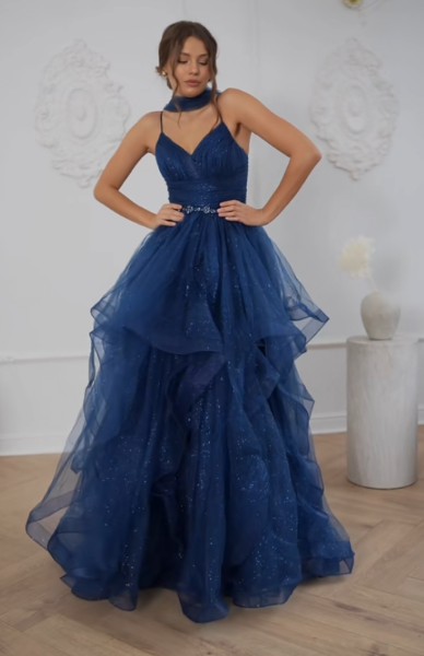 Chic Blue Prom Dress A-Line Tulle Long Evening Dress DP07853