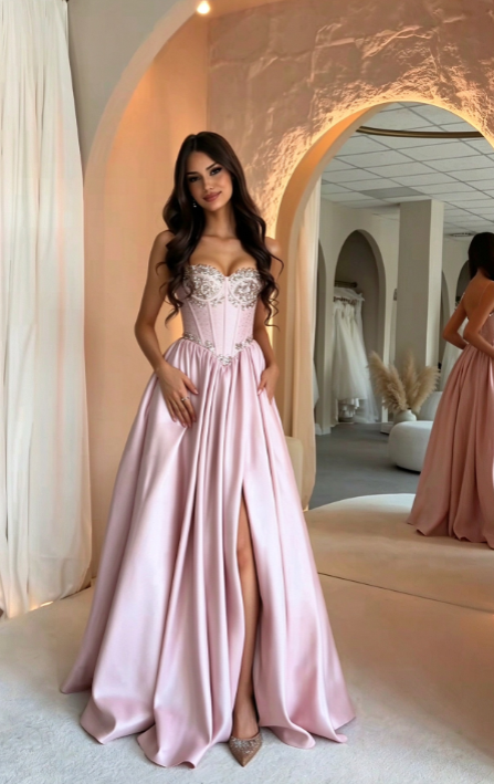 Chic Pink Prom Dress A-Line Satin Long Evening Dress DP07856