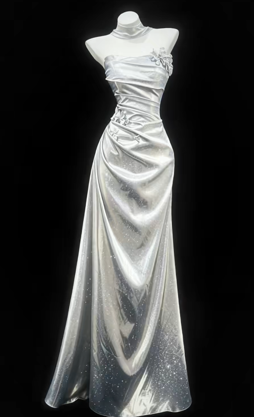 Chic Silver Prom Dress Sheath Satin Long Evening Dress DP07860